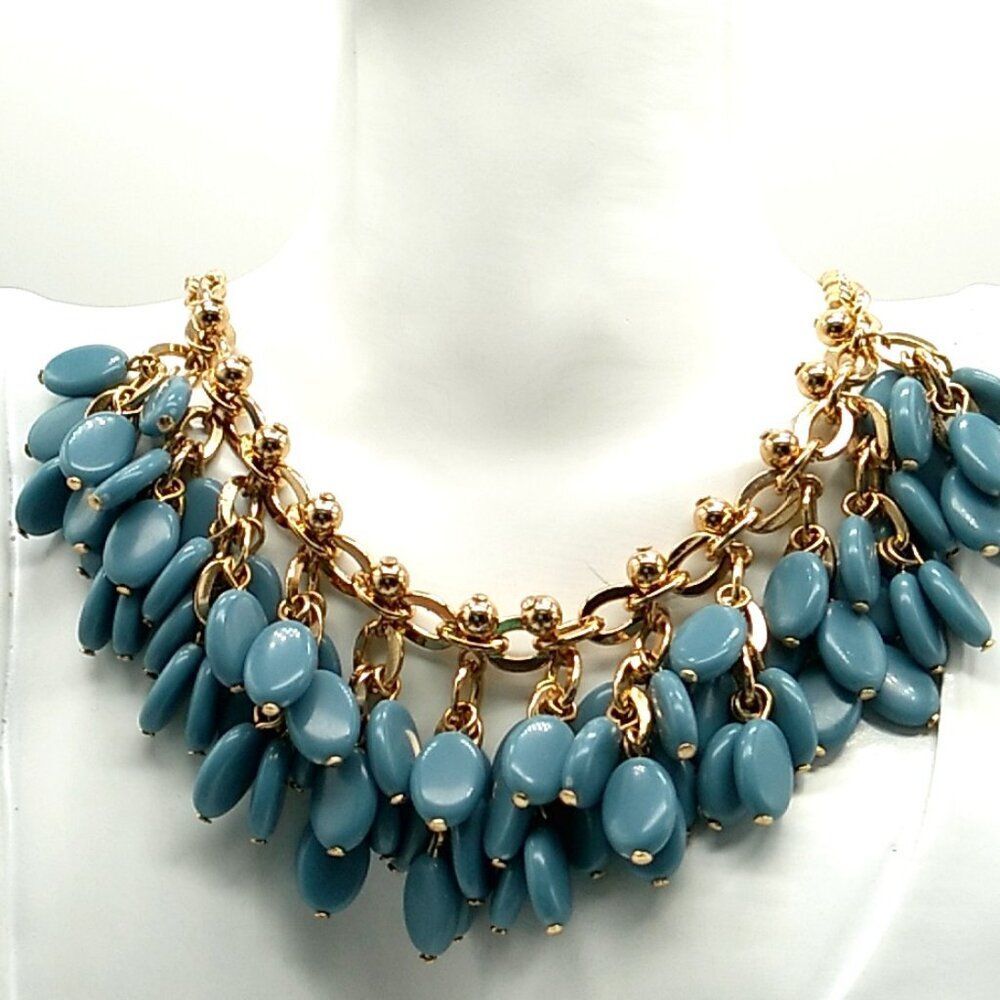 Vintage-Look SHB Blue Acrylic Beaded Necklace Gold-tone Chain NWOT
